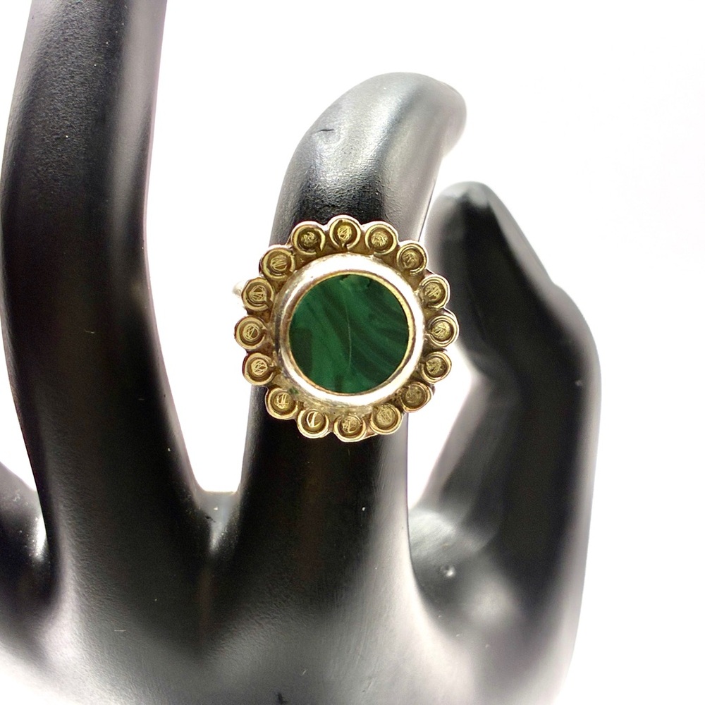Vintage SIGNED MEXICO Malachite Ring with Sterling Silver Flower Backdrop